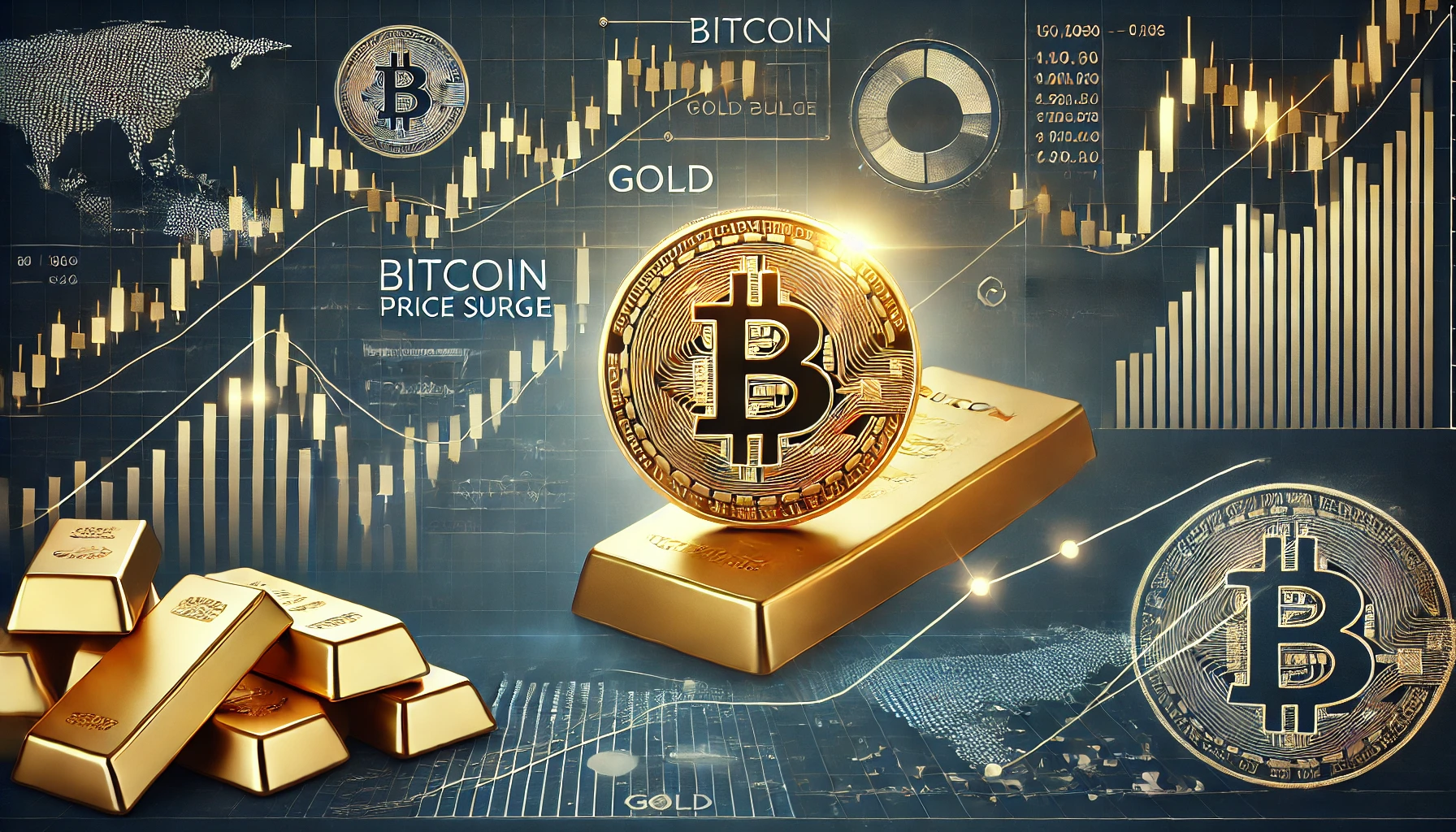 A 16 9 horizontal image for an article discussing Bitcoins price surge its comparison with gold and potential market impacts. The image should feat