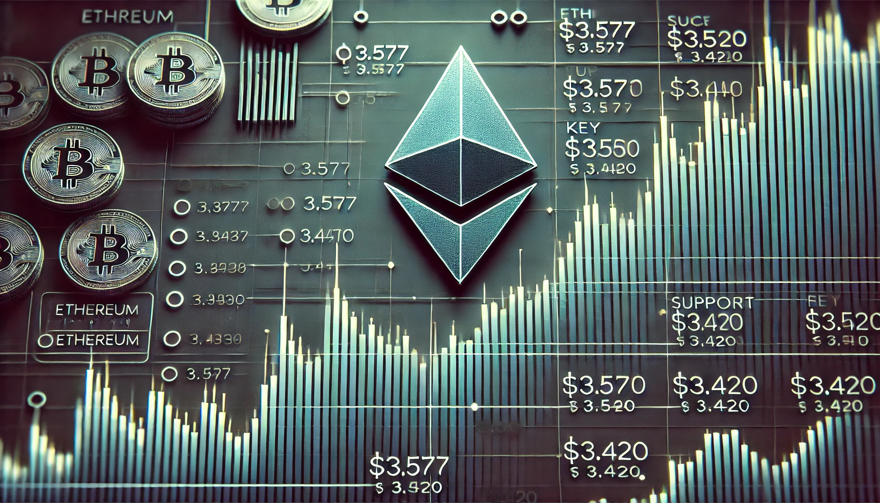 A detailed Ethereum price chart with key support levels marked. The chart should have a dark blue background with various horizontal lines indicating