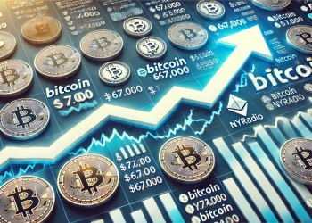 A detailed image of Bitcoin's price chart showing a significant upward trend, with markers indicating the price surge past $67,000. The chart should b