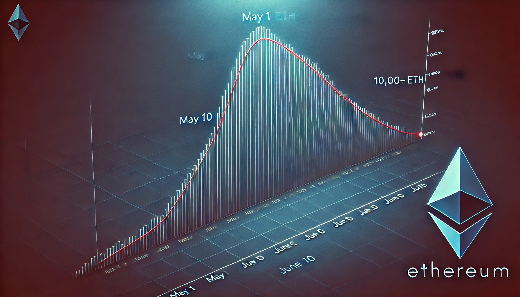 A professional and clean chart showing the number of Ethereum addresses with 10000 ETH from May 1 to June 10. The chart should have a dark blue back