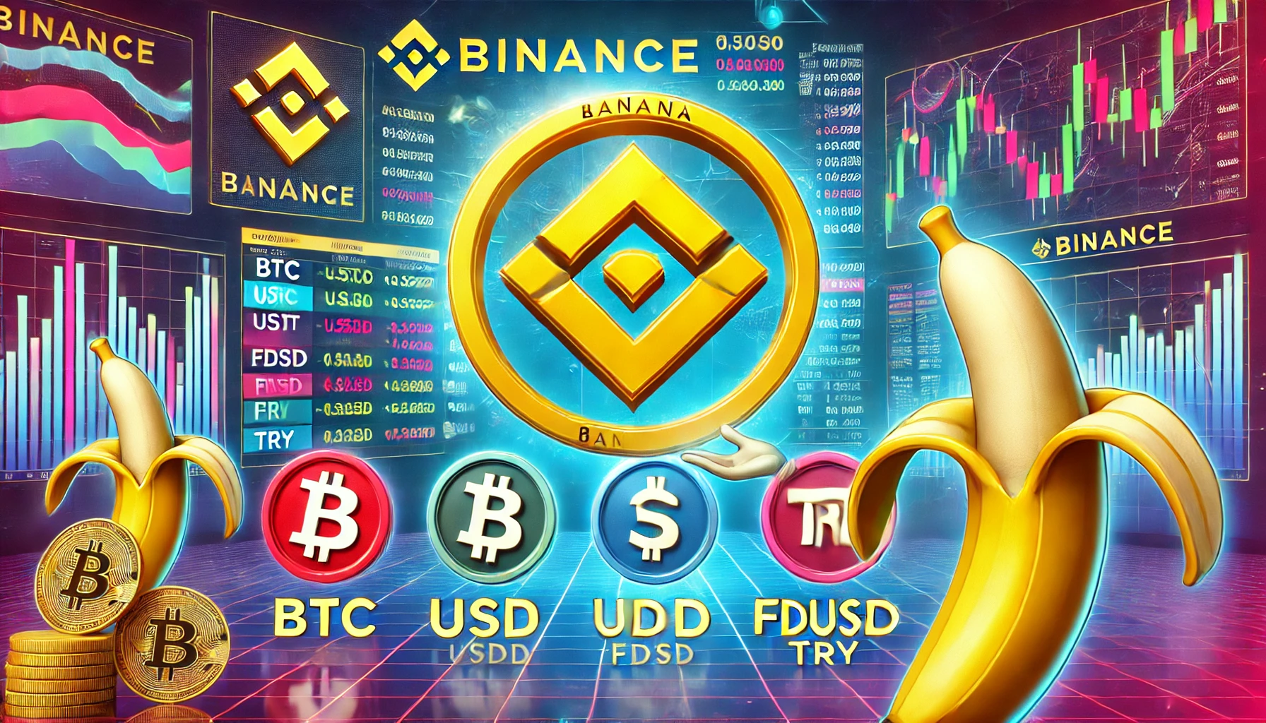 A vibrant and engaging image showing the Binance listing of Banana Gun (BANANA) with BTC, USDT, BNB, FDUSD, and TRY trading pairs. The background feat