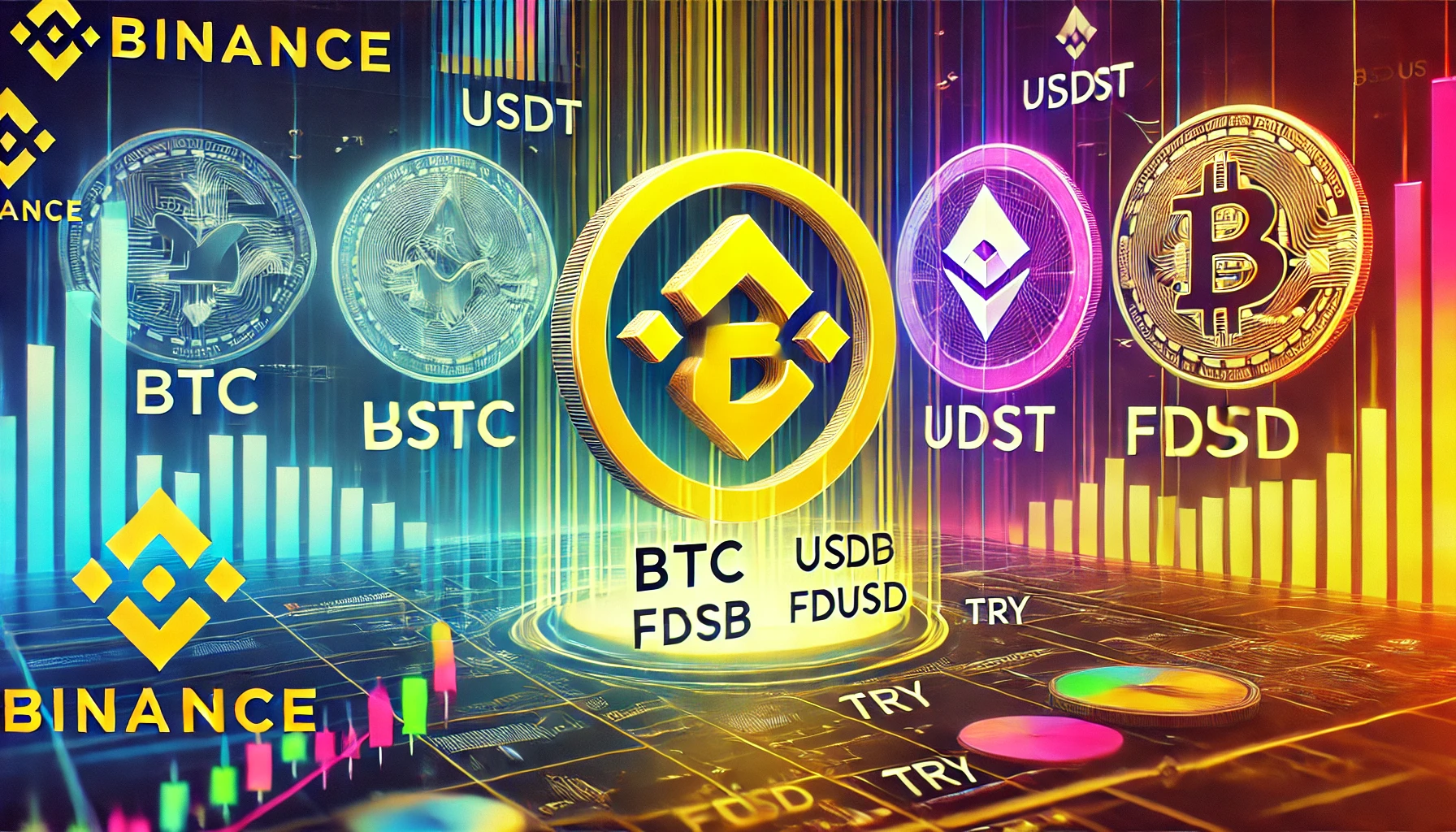 A vibrant and engaging image showing the Binance listing of a new cryptocurrency with BTC, USDT, BNB, FDUSD, and TRY trading pairs. The background fea