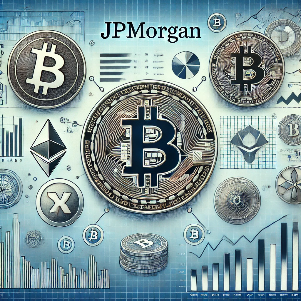 An image illustrating the analysis of Bitcoin and altcoin markets by JPMorgan. The image should include the Bitcoin logo various altcoin logos and v