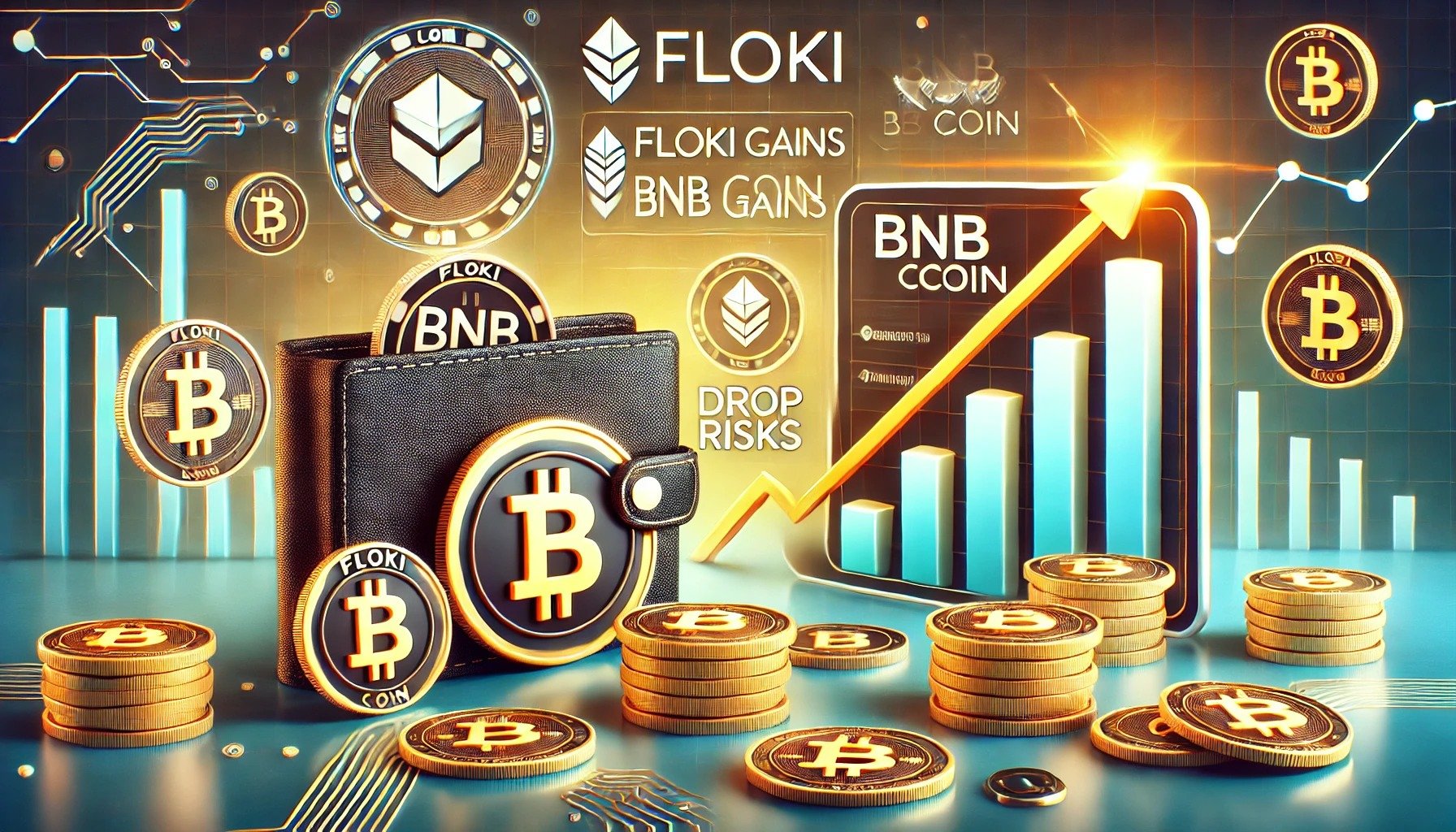 DALL·E 2024 08 05 09.47.28 A detailed scene showcasing FLOKI rewards focusing on BNB coin gains and potential drop risks. The image should feature a digital wallet displaying F