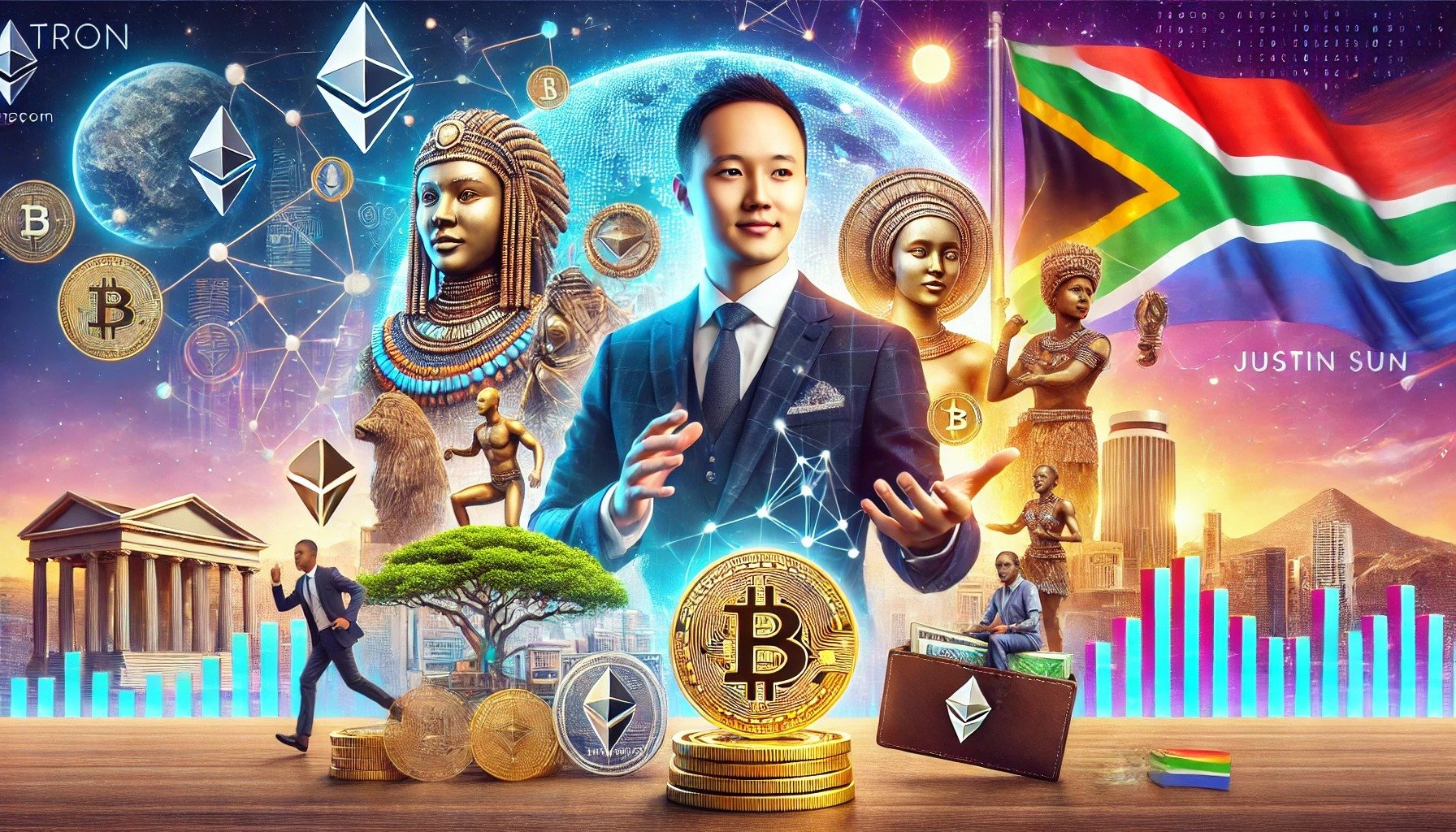 DALL·E 2024 08 05 14.30.59 A vibrant and dynamic scene featuring Justin Sun founder of TRON in the context of the South African crypto marketplace securing 1.64M in capital.