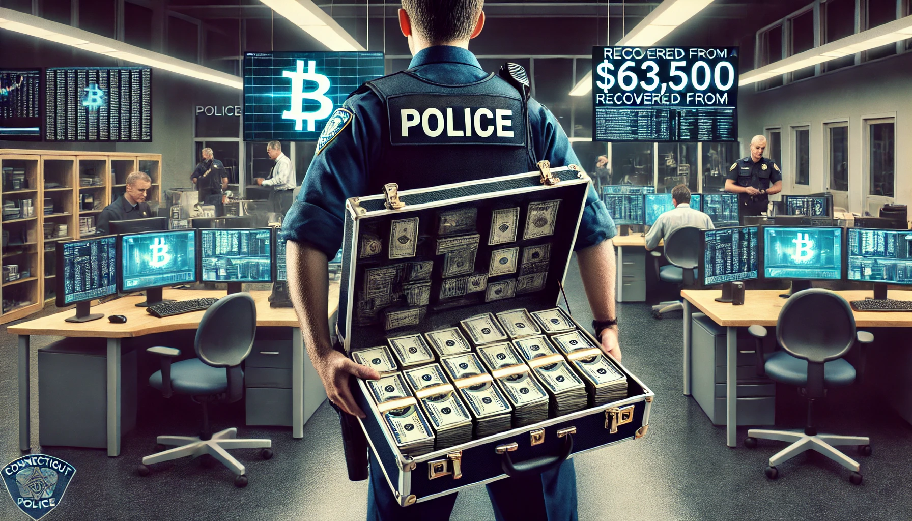 DALL·E 2024 08 12 18.35.21 An image of a Connecticut police officer holding a briefcase containing 63500 recovered from a cryptocurrency scam. The officer is standing inside t