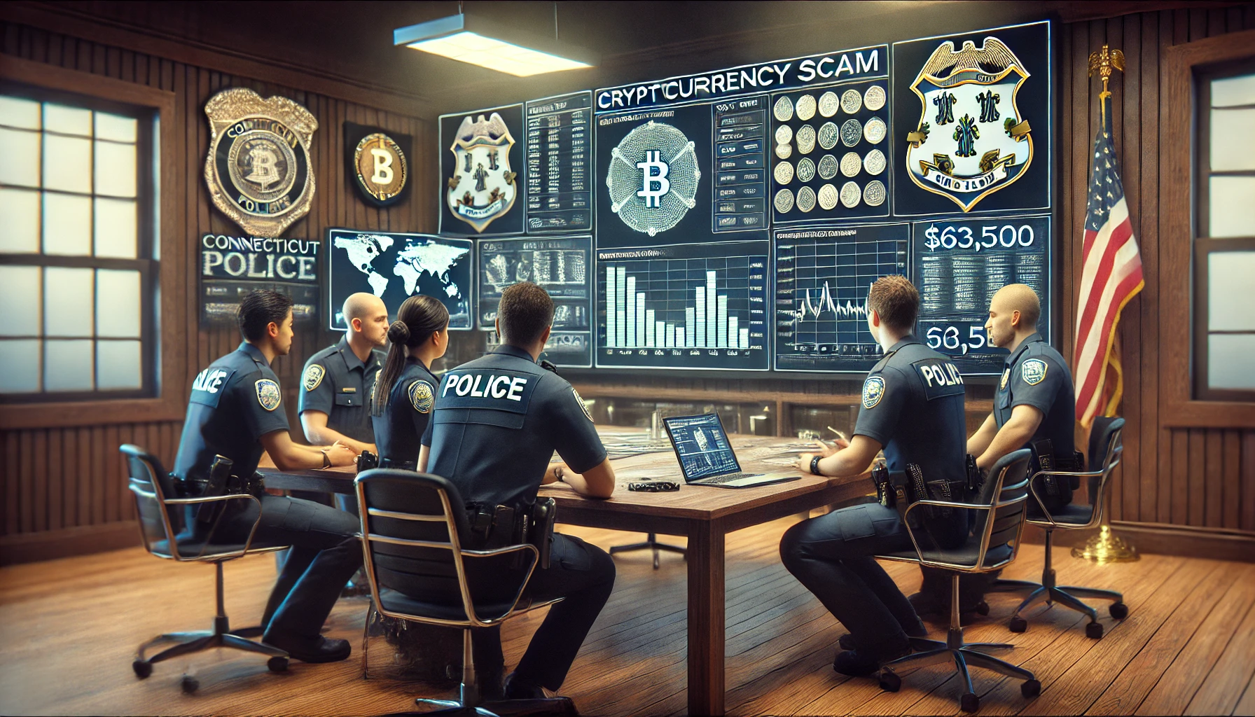 DALL·E 2024 08 12 18.44.23 A scene of Connecticut police officers in a briefing room discussing the details of a cryptocurrency scam case that led to the recovery of 63500. T