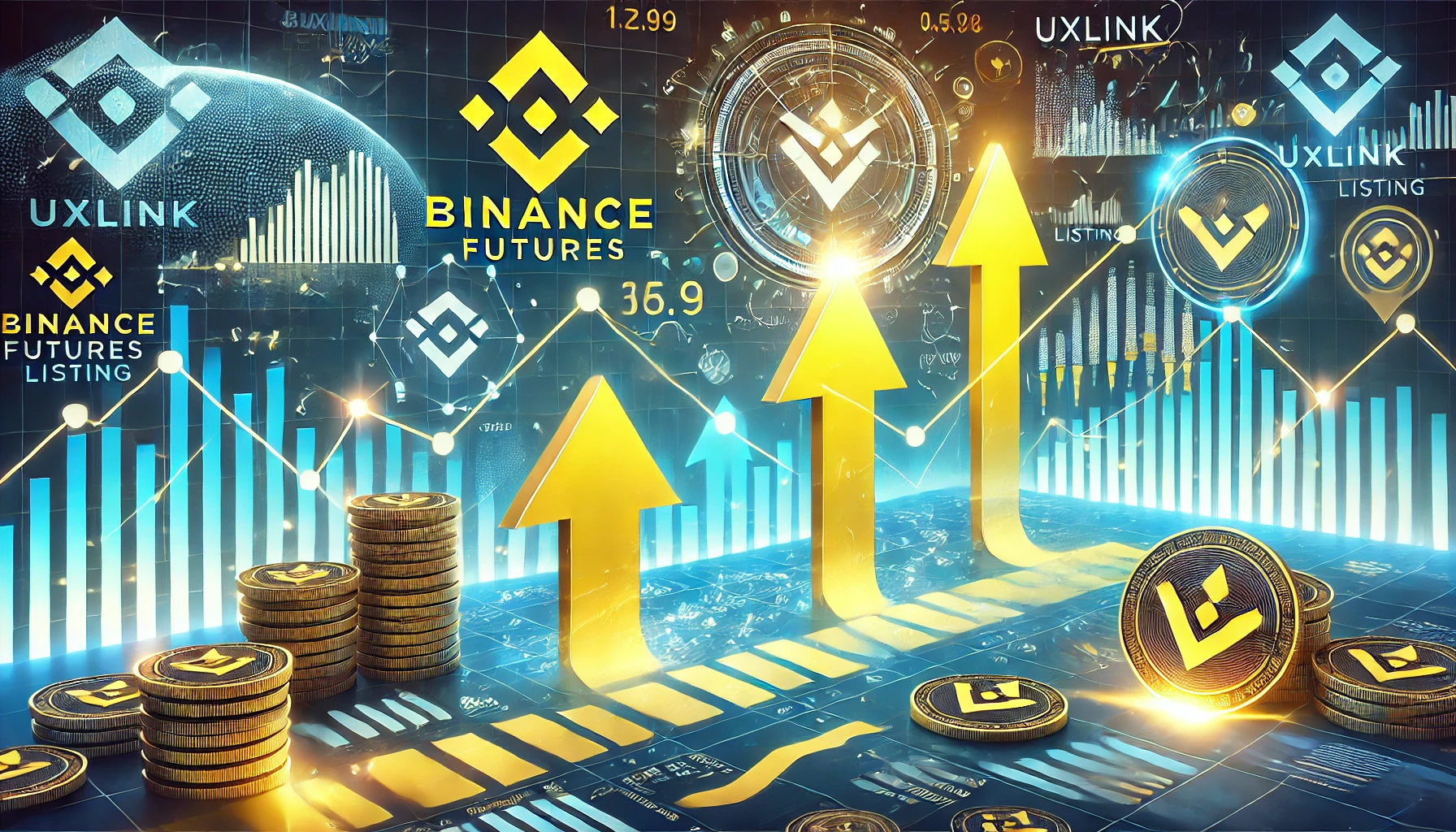 Binance Futures listing of UXLINK featuring the Binance logo and UXLINK logo with upward arrows and growth charts