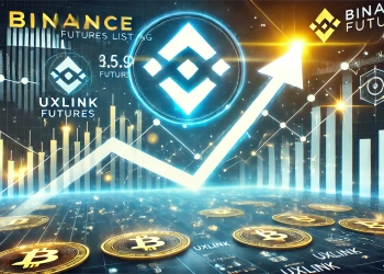 Binance Futures listing of UXLINK. The image should include the Binance logo and UXLINK logo with upward arrows an