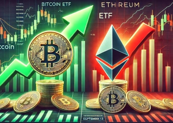 Bitcoin and Ethereum ETF performance on September 12. The image features the Bitcoin logo rising with green arrows indicating inflo