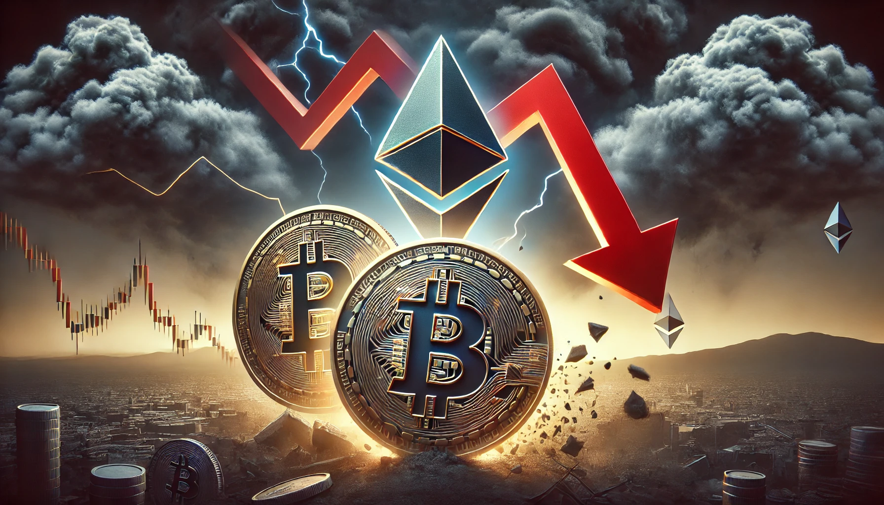 Bitcoin and Ethereum being affected by market instability and external events The image features the Bitc