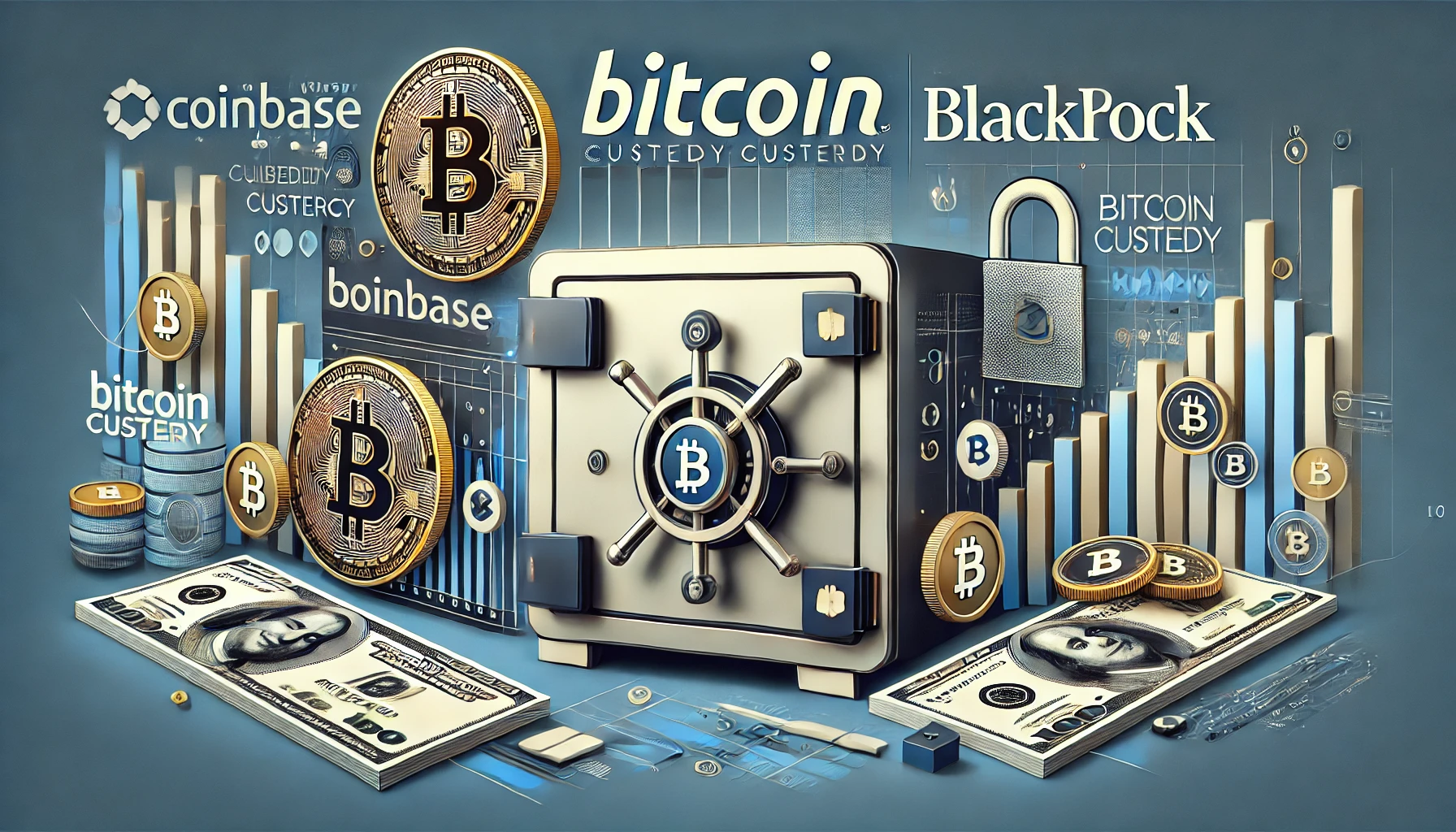 Bitcoin custody involving Coinbase and BlackRock The design features abstract elements like a secure vault or