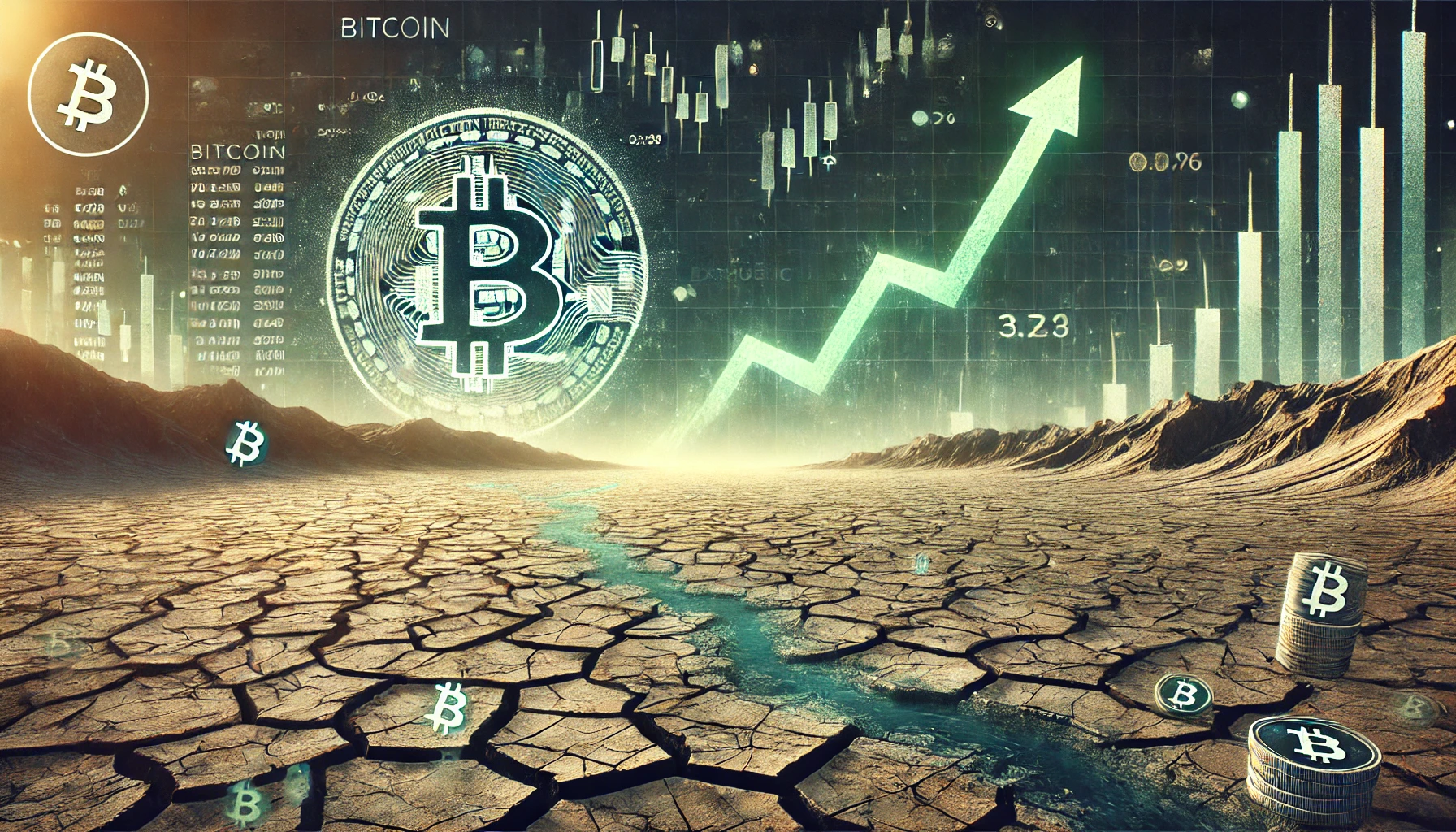 Bitcoin market exhaustion and potential for a bullish reversal The image should show a dry cracked landscape symbolizing t