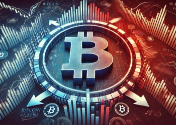 Bitcoin volatility and market risk. The image features a large Bitcoin symbol at the center with fluctuating m