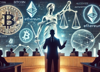 CEO making bold statements about cryptocurrency The scene shows a formal setting with a silhouette of a CEO speaking at a pod