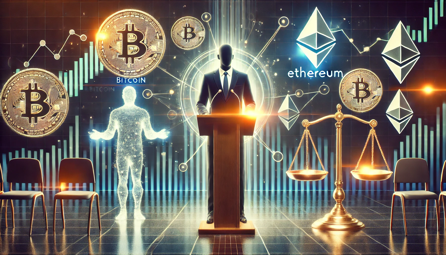 CEO making impactful statements about cryptocurrency The CEO stands at a podium with glowing digital symbols of Bitcoin