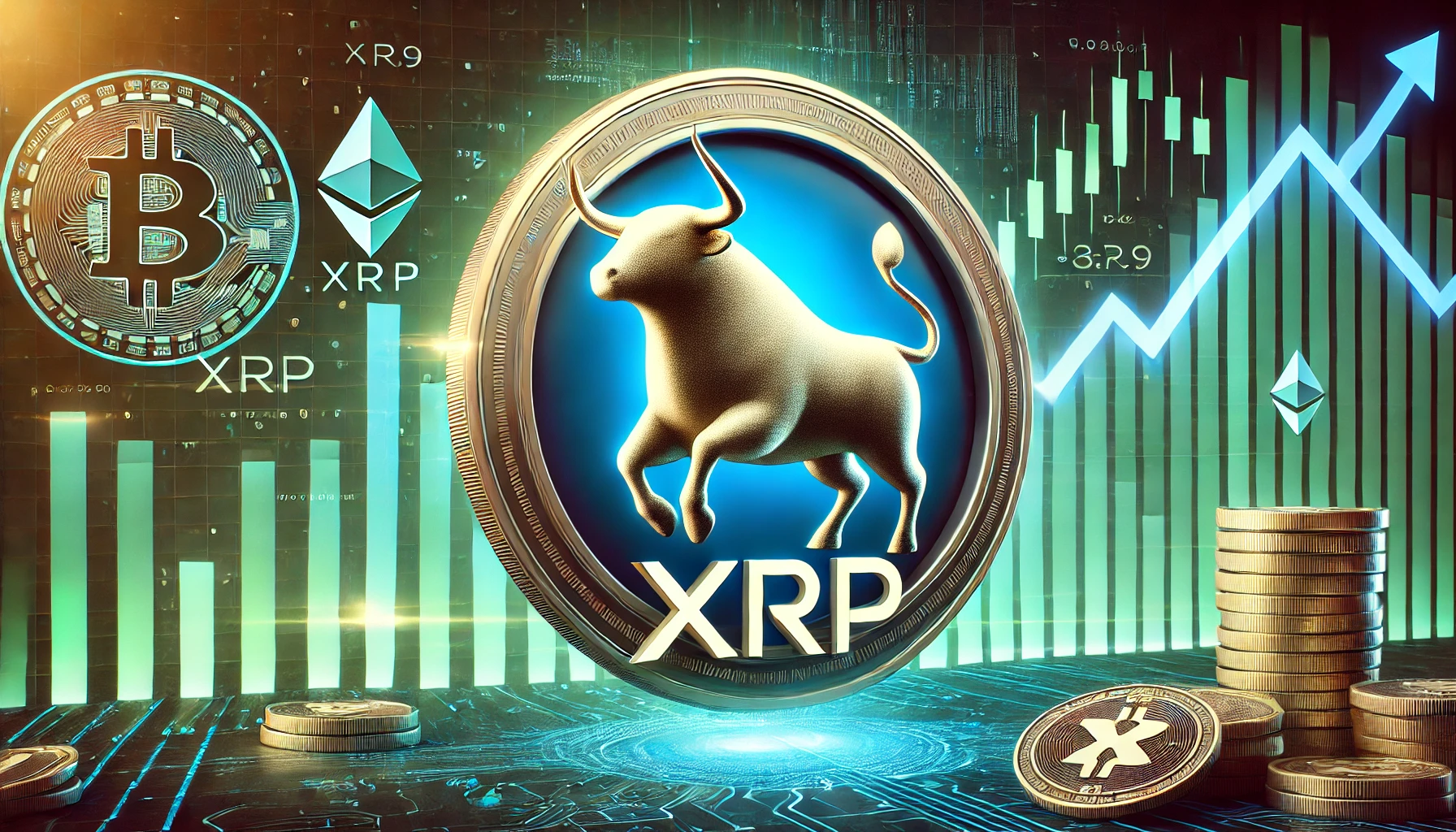 DALL·E 2024 09 28 21.26.40 A sleek and modern 16 9 cover image representing a bullish market for XRP coin featuring a strong and dynamic bull symbol alongside subtle cryptocur