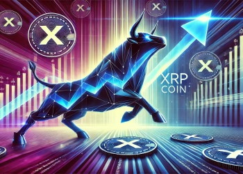 DALL·E 2024 09 28 21.27.12 A sleek and modern 16 9 cover image representing a bullish trend for XRP coin featuring a powerful bull in a dynamic upward motion with cryptocurren