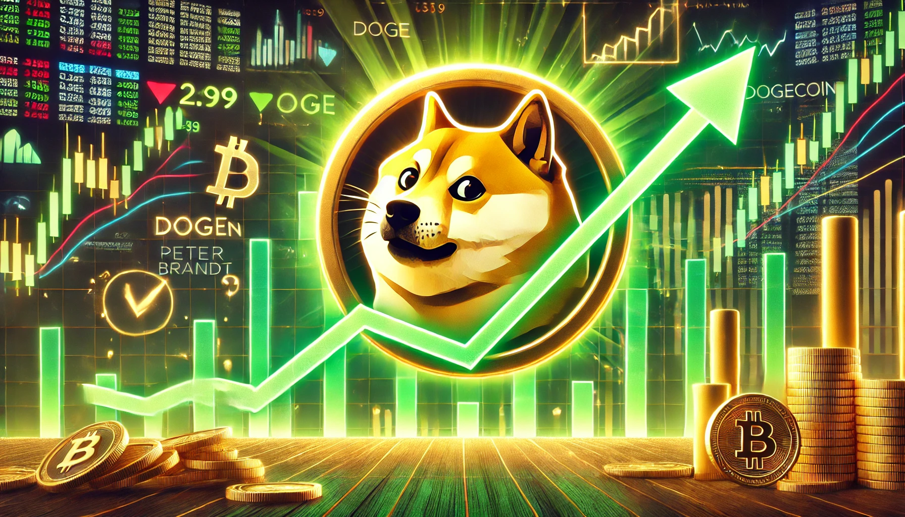 Dogecoin DOGE breaking out of a downtrend as predicted by analyst Peter Brandt. The Dogecoin logo is prominently displayed w