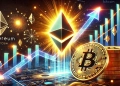 Ethereum ETH rising against Bitcoin BTC in the cryptocurrency market Ethereum is shown ascending with glowing dyn