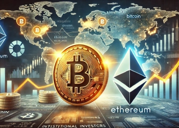 Ethereum and Bitcoin logos side by side with Bitcoin glowing or increasing in value while Ethereum appears to b