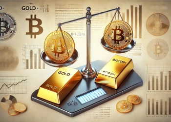 Gold and Bitcoin featuring a visual representation of both assets On one side show a shiny gold