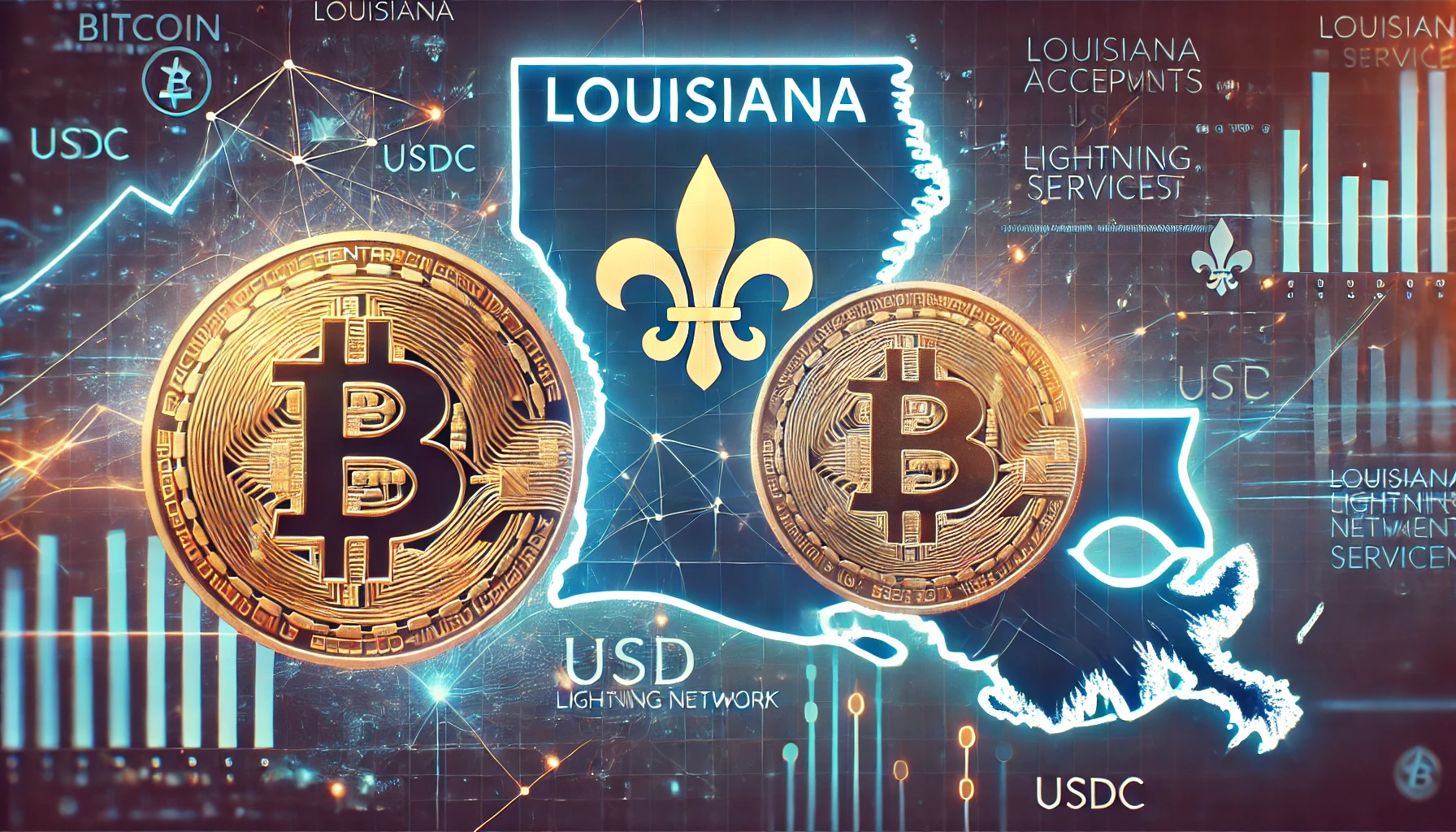 Louisiana accepting Bitcoin payments for state services The image includes a large Bitcoin symbol USD Coin USDC and