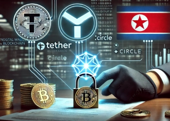 Tether and Circle alongside a concept of blacklisted cryptocurrency wallets The image should dep