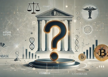 a cryptocurrency legal case. The background shows subtle courthouse pillars or legal symbo