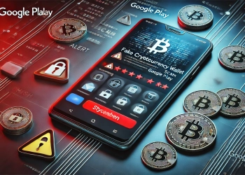 a fake cryptocurrency wallet app scam on Google Play The image should show a smartphone with a suspicious app interface wa