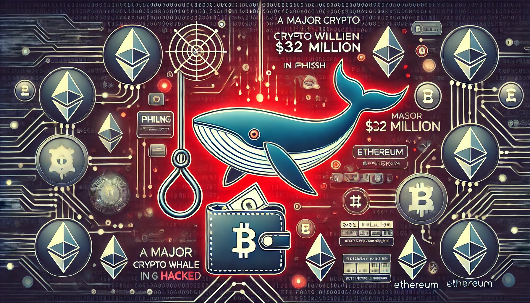 a major crypto whale losing 32 million in a phishing attack The image should include visual elements like a whale symbol