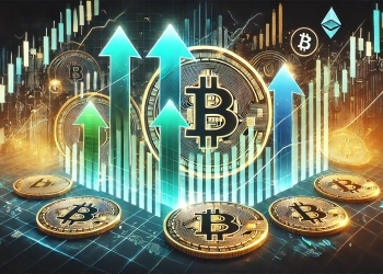 a potential Bitcoin bull run The image features abstract upward arrows and financial charts symbolizing a rally Subtle Bi