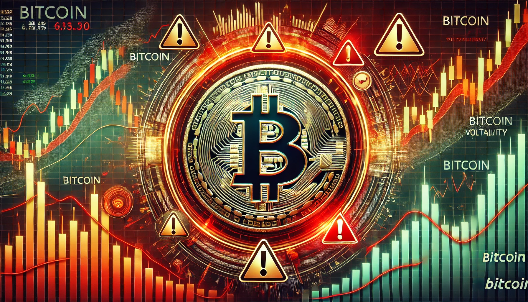 a warning about Bitcoin volatility and risk in the financial markets. The image features a Bitcoin symbol in the center