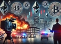 aftermath of a stock market crash with falling Bitcoin and Ethereum symbols in the background In the foreground a dar