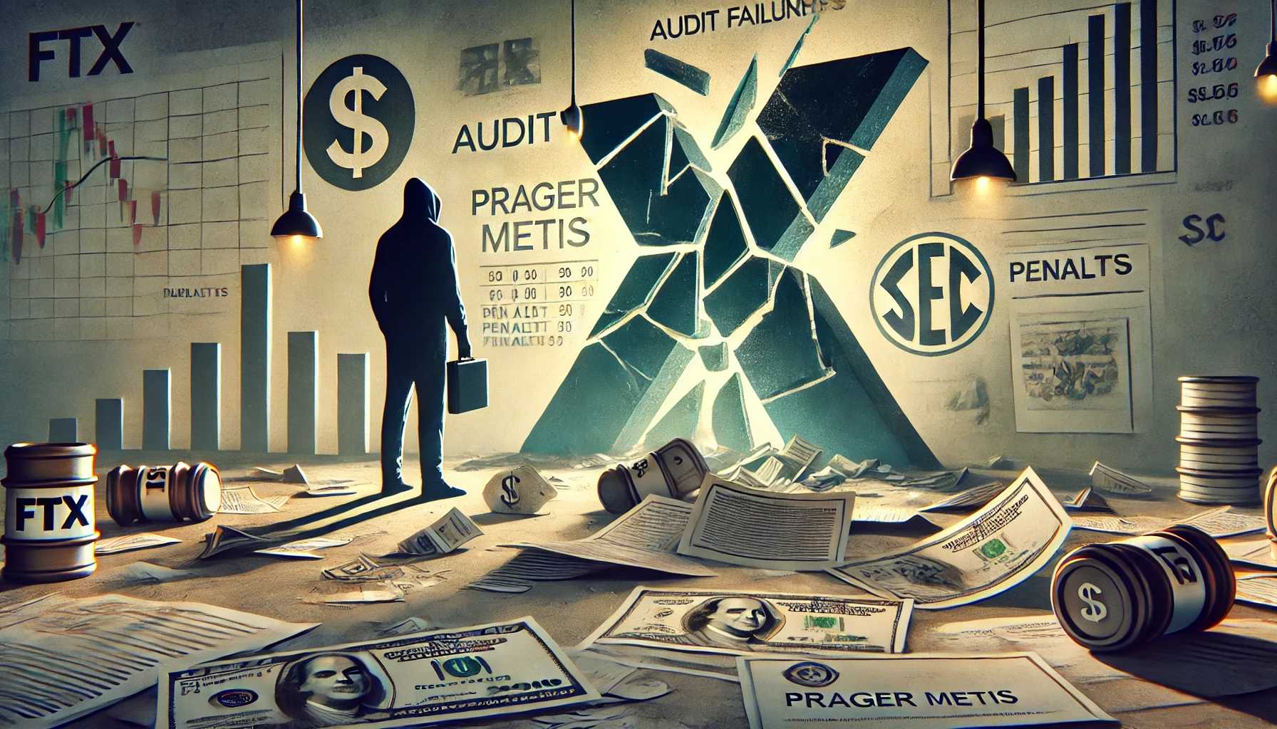 aftermath of audit failures related to the FTX collapse In the foreground a broken or cracked FTX logo symbolizes