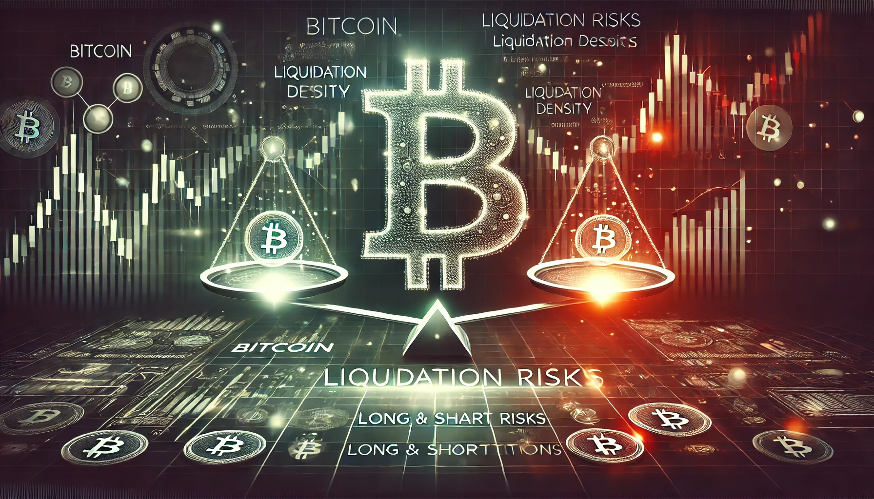 article about Bitcoin liquidation risks focusing on long and short positions Show a large Bitcoin symbol with a balance bet