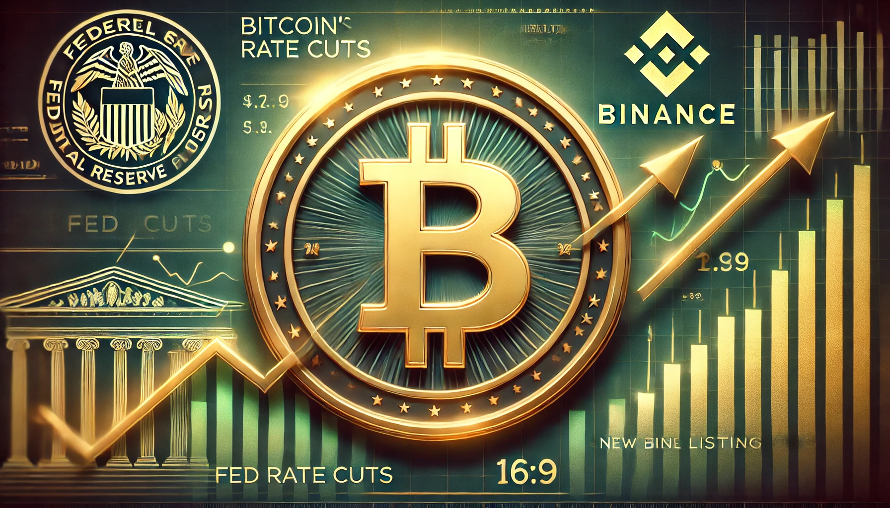 article about Bitcoins rise amid Fed rate cuts and new Binance listings The image should feature a large Bitco