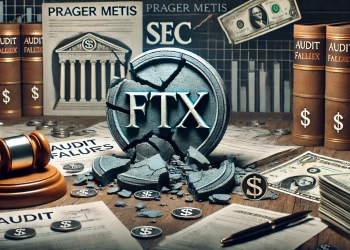 audit failures tied to the FTX collapse In the foreground a cracked or broken FTX logo lies next to audit papers