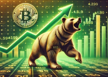 bear symbol but this time showing Bitcoin rising in value. The background should have gr