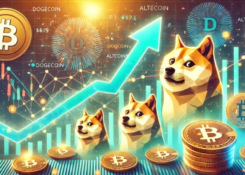 bullish outlook for Dogecoin and altcoins The image should depict a strong upward trend with arrows pointing upwards In