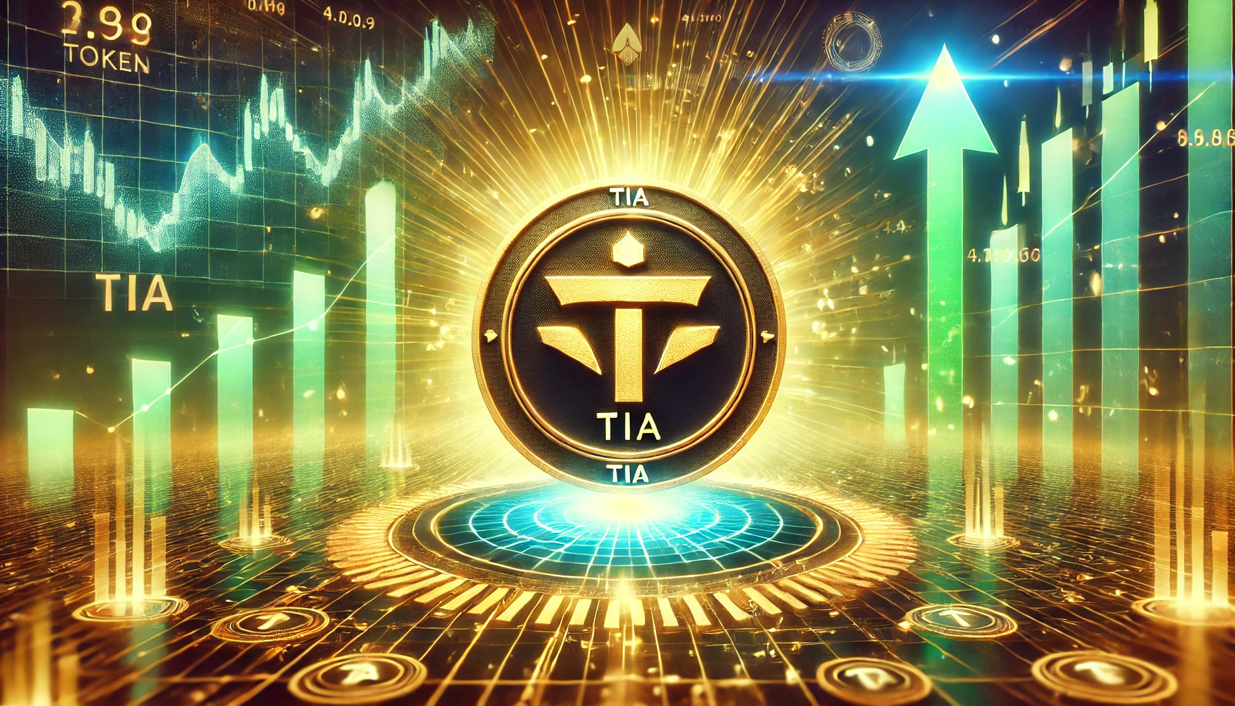 bullish outlook on the altcoin TIA with a large TIA token symbol in the center Surround the token with upward trending