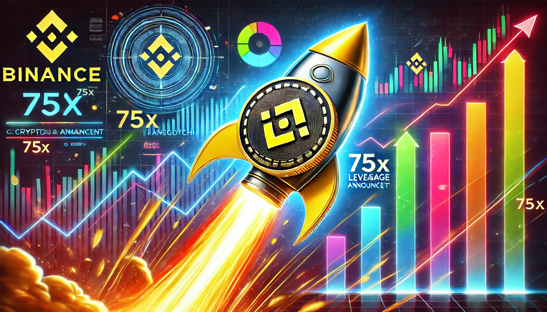 coin with the Binance logo launching like a rocket The coin is depicted soaring into the sky with flames and t