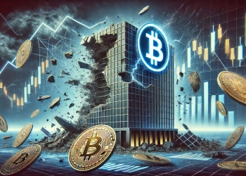 collapsed crypto company The scene shows a digital building with a cryptocurrency symbol such as Bitcoin cracked and c