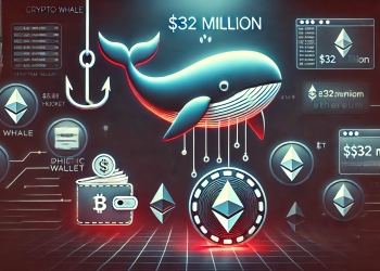 crypto whale losing 32 million in a phishing scam The image should feature a whale symbol a phishing hook and digital wal