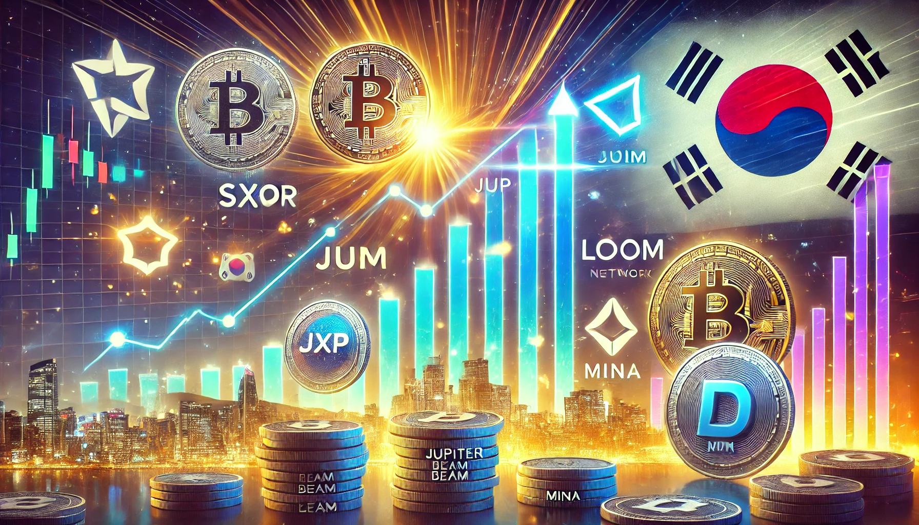 cryptocurrency market scene with candlestick charts rising dramatically featuring coins like Solar SXP Jupi