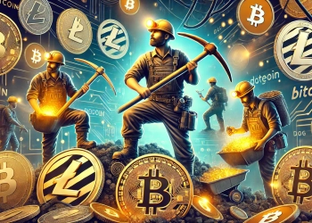 cryptocurrency miners holding onto Bitcoin Litecoin Dogecoin and Bitcoin Cash Show miners in a digital envi