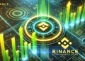 cryptocurrency trading theme. The background features a futuristic digital chart showing a rapid upward trend in green repr