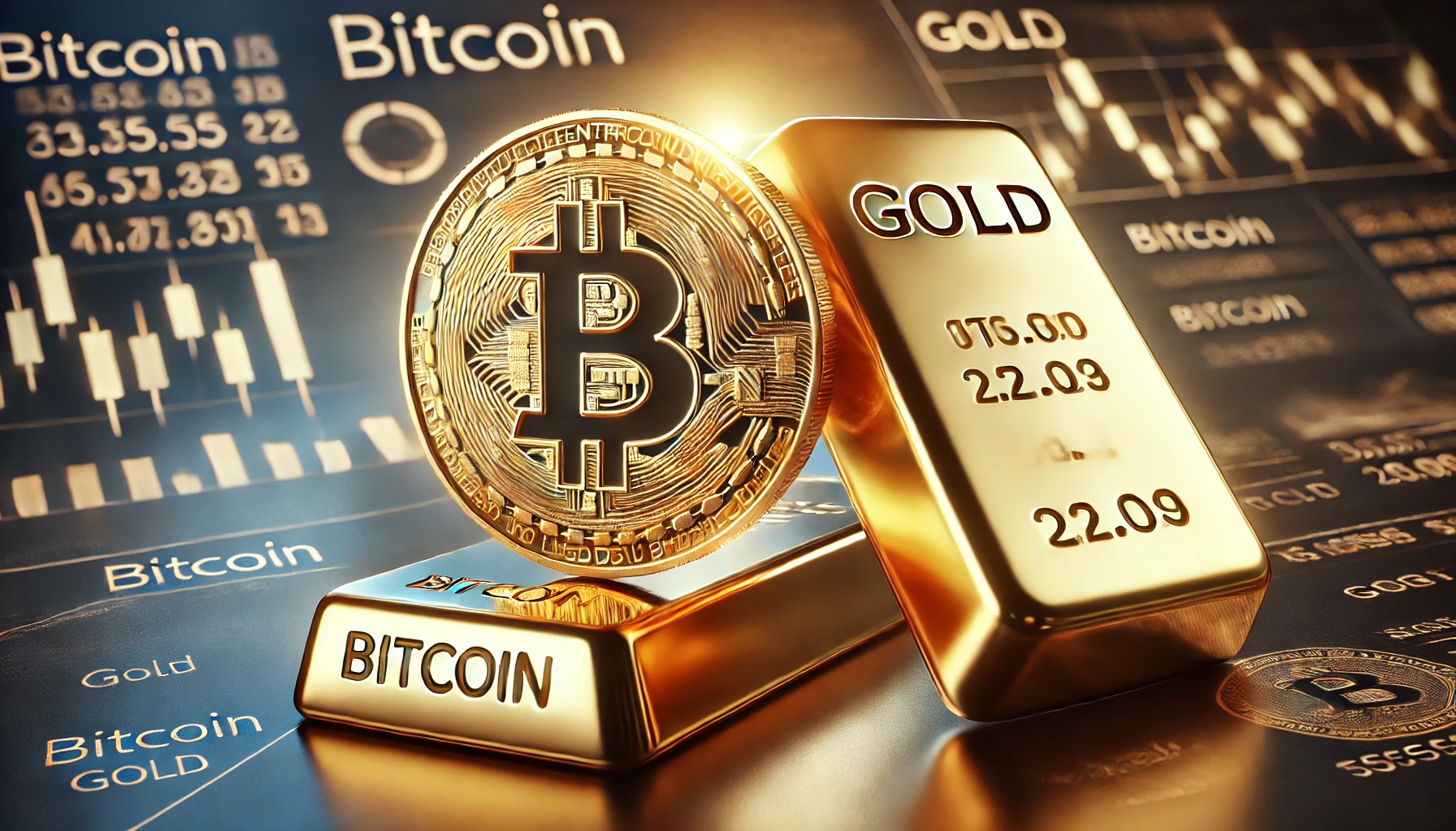 debate between Bitcoin and Gold as investment options featuring symbolic representations of both assets. Bitcoin