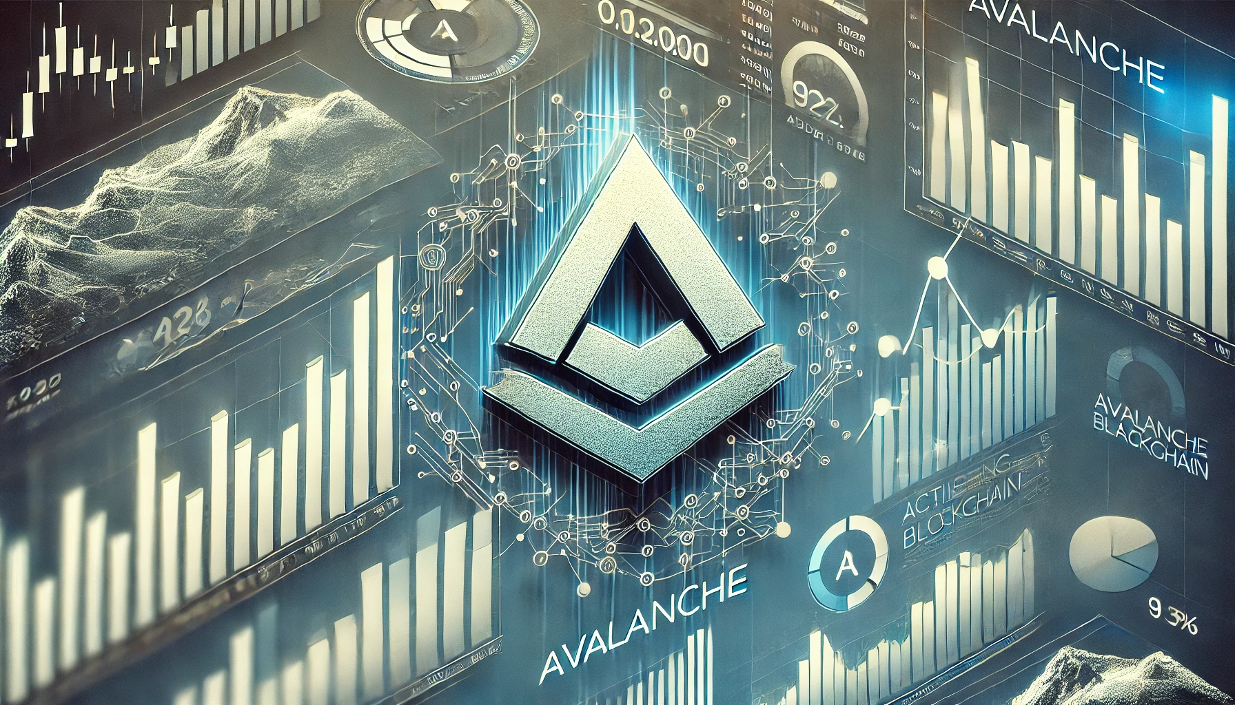 decline in user activity for the Avalanche blockchain The Avalanche symbol is central with charts and graphs