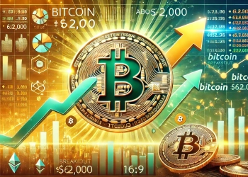 depicting Bitcoins potential breakout above 62000 featuring the Bitcoin logo with upward arrows financial charts and a dynami